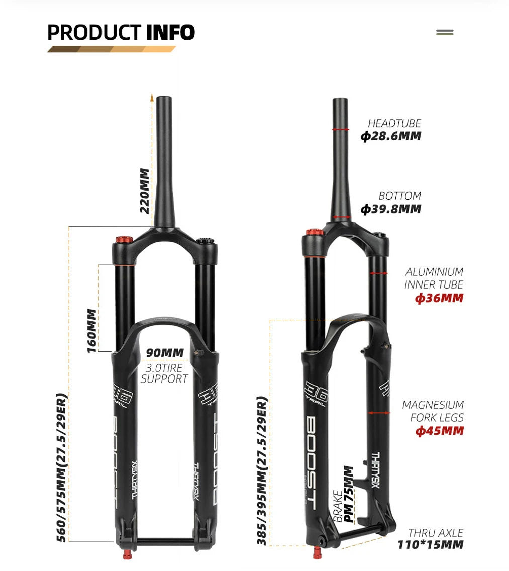 Suspension Bike Fork, 110mm * 15mm, Travel 160mm DH AM Downhill, 38mm TubeThru Axle Boost, Bicycle Rebound Adjustable, Air