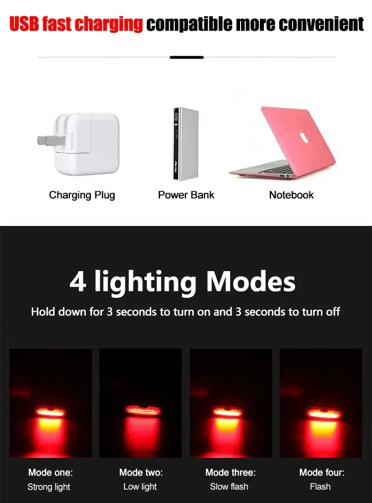 USB Rechargeable LED Bicycle Taillight, Red Bike Rear Light, Cycling Warning Light, Mountain Bicycle Lamp