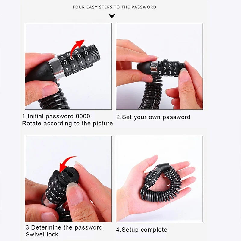 Bicycle Lock Password Anti-theft Lock Bicycle Portable Helmet Lock Universal 4 Digit Steel Cable Locks Security Cycling Parts