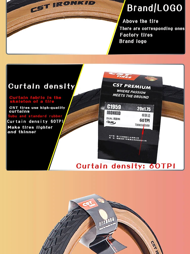 CST 20 inch Bicycle tires 406 20X1.75 20X1.95 Brown Skin edge retro C1820D C1959 Folding Bike Tyre  ﻿