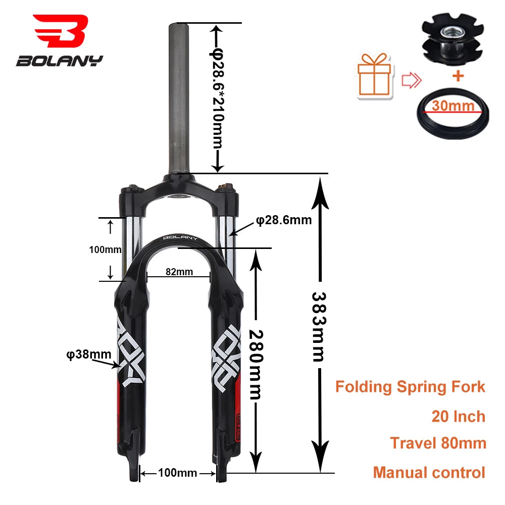 BOLANY Bicycle Mechanical Front Fork 20 Inch Straight Tube Folding Bike Suspension Fork 100mm Travel BMX Kids' Bikes Disc Brake