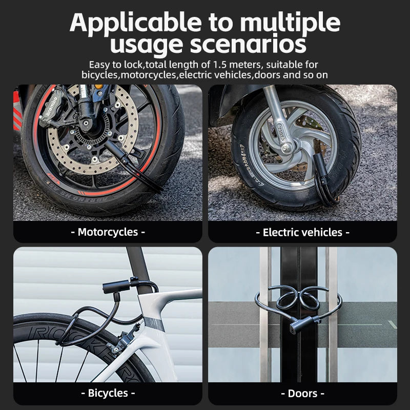 ROCKBROS Bicycle Lock Portable Anti-theft Bike Cable Lock with Keys Zinc Alloy Motorcycle Scooter MTB Road Round Cycling Lock