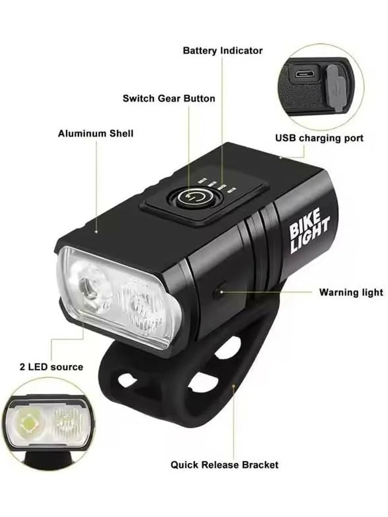 The high-power bicycle lamp, USB rechargeable, waterproof, durable and bright LED ensure safety during night riding