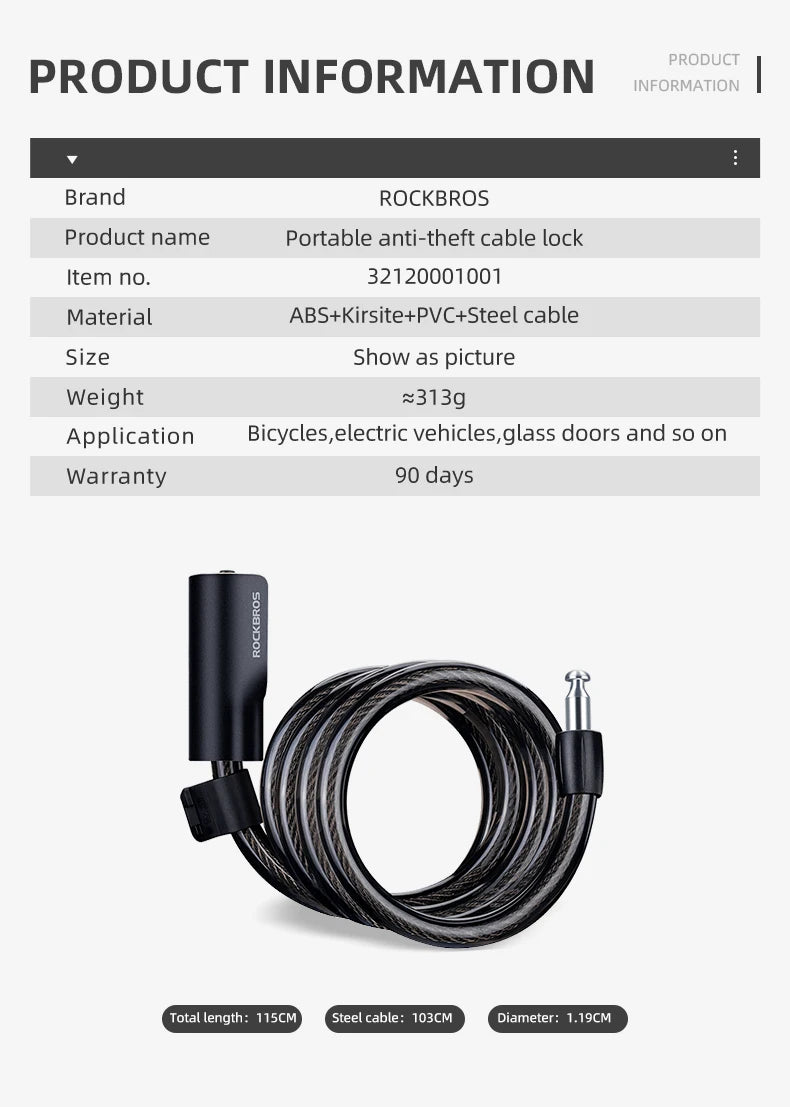 ROCKBROS Bicycle Lock Portable Anti-theft Bike Cable Lock with Keys Zinc Alloy Motorcycle Scooter MTB Road Round Cycling Lock