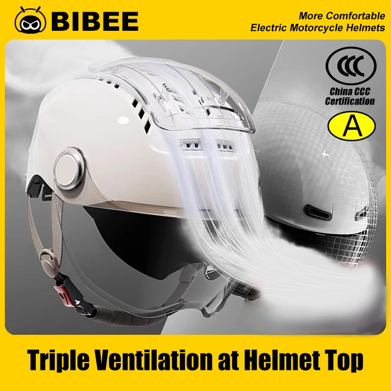BIBEE Electric Motorcycle Helmet Summer Breathable Electric Bike Open Face Helmet Men Women Dual Lenses Jet Scooter Half Helmets