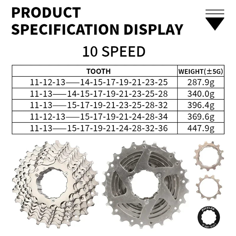BUCKLOS Bicycle Cassette 10 speed MTB cassette K7 Road Bike Freewheel 25T 28T 32T 34T 36T 40T 10V Bike Cassettes Flywheel For HG