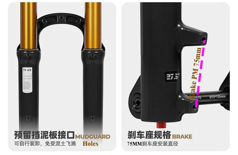 Suspension Bike Fork, 110mm * 15mm, Travel 160mm DH AM Downhill, 38mm TubeThru Axle Boost, Bicycle Rebound Adjustable, Air
