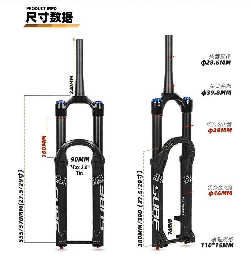 Suspension Bike Fork, 110mm * 15mm, Travel 160mm DH AM Downhill, 38mm TubeThru Axle Boost, Bicycle Rebound Adjustable, Air