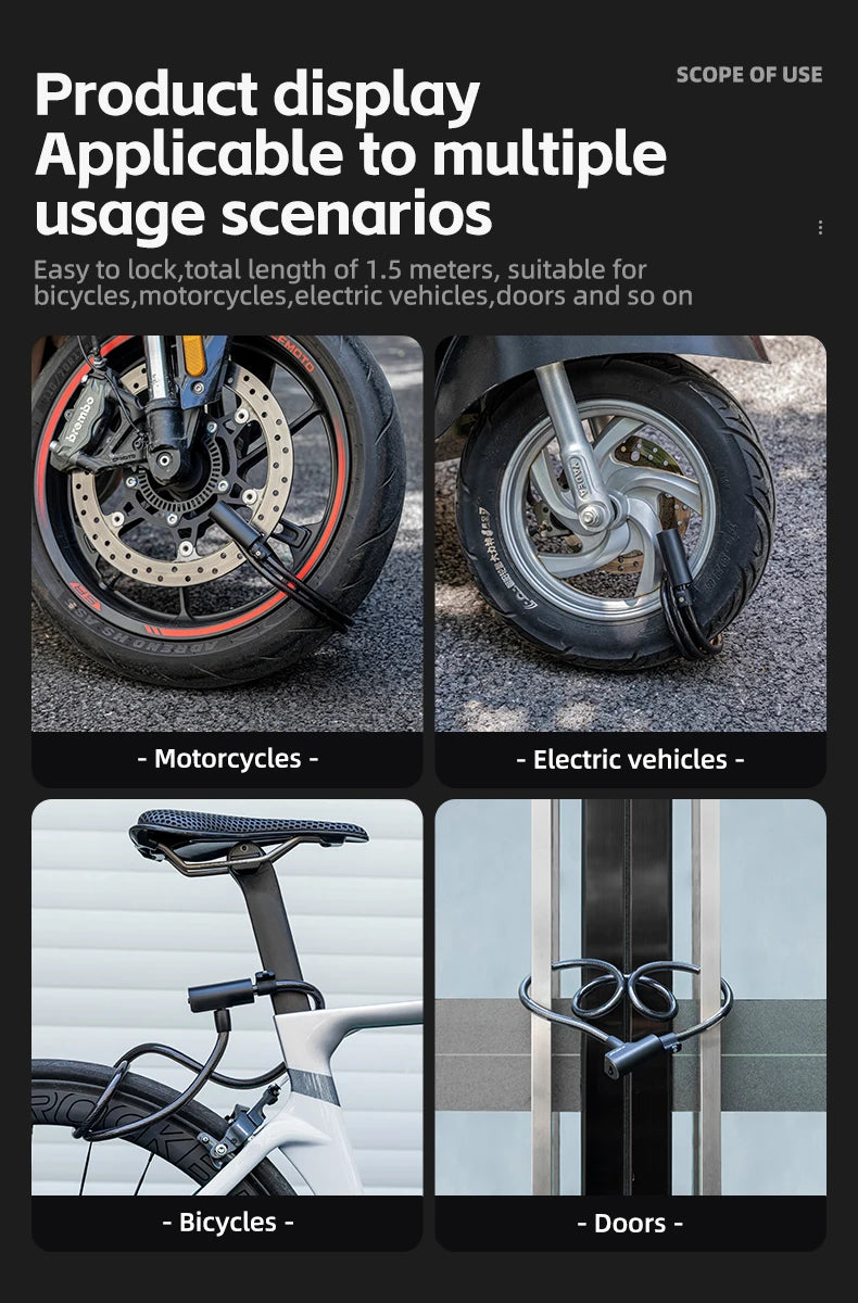 ROCKBROS Bicycle Lock Portable Anti-theft Bike Cable Lock with Keys Zinc Alloy Motorcycle Scooter MTB Road Round Cycling Lock