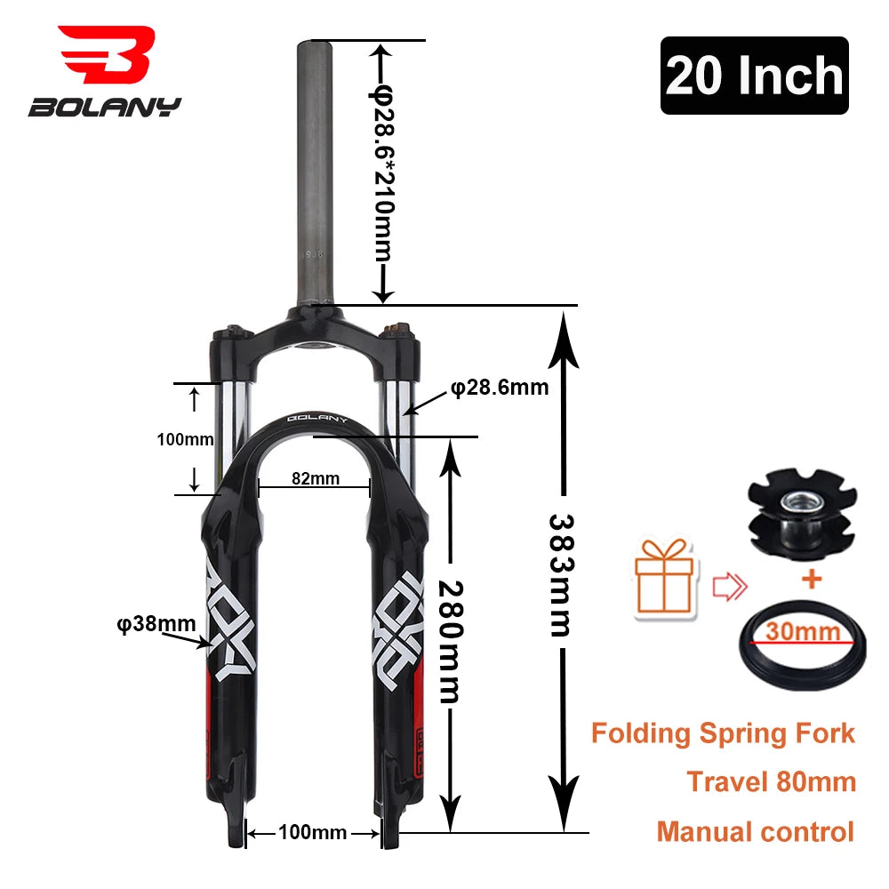 BOLANY Bicycle Mechanical Front Fork 20 Inch Straight Tube Folding Bike Suspension Fork 100mm Travel BMX Kids' Bikes Disc Brake