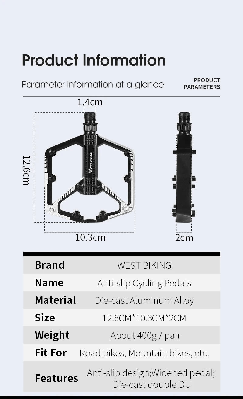 WEST BIKING DU Bearing Bicycle Pedal Anti-slip Cycling Pedal Ultralight Aluminum Alloy MTB Road Bike Pedal Bike Accessories